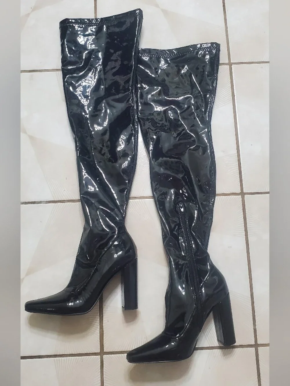 Black Patent Over-the-Knee Heeled Boots